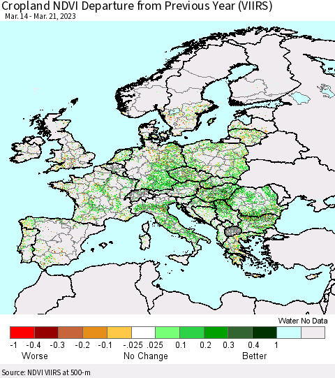 Europe Cropland NDVI Departure from Previous Year (VIIRS) Thematic Map For 3/14/2023 - 3/21/2023