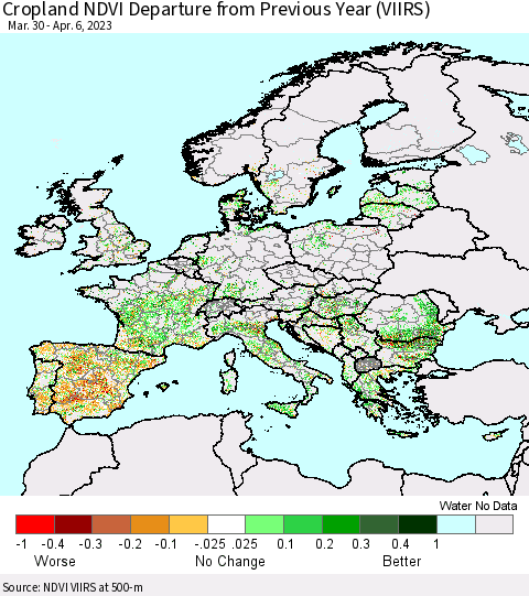 Europe Cropland NDVI Departure from Previous Year (VIIRS) Thematic Map For 3/30/2023 - 4/6/2023