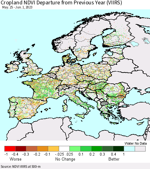 Europe Cropland NDVI Departure from Previous Year (VIIRS) Thematic Map For 5/25/2023 - 6/1/2023