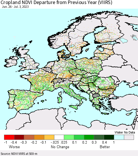 Europe Cropland NDVI Departure from Previous Year (VIIRS) Thematic Map For 6/26/2023 - 7/3/2023