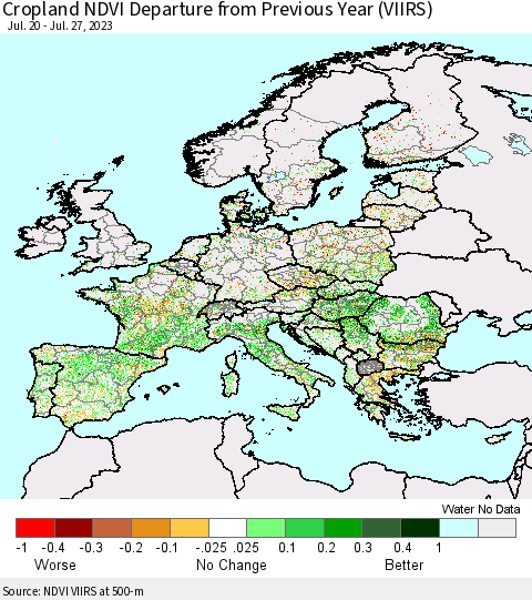 Europe Cropland NDVI Departure from Previous Year (VIIRS) Thematic Map For 7/20/2023 - 7/27/2023