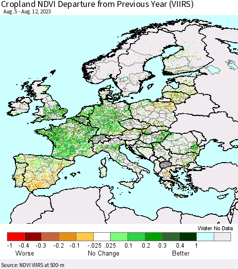 Europe Cropland NDVI Departure from Previous Year (VIIRS) Thematic Map For 8/5/2023 - 8/12/2023