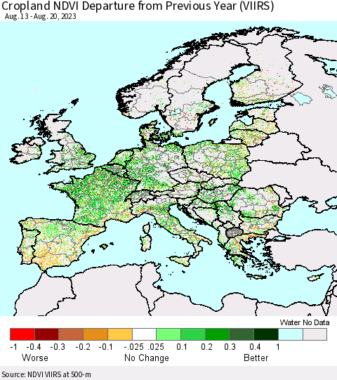 Europe Cropland NDVI Departure from Previous Year (VIIRS) Thematic Map For 8/13/2023 - 8/20/2023
