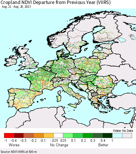 Europe Cropland NDVI Departure from Previous Year (VIIRS) Thematic Map For 8/21/2023 - 8/28/2023