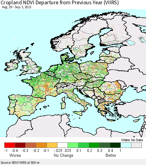 Europe Cropland NDVI Departure from Previous Year (VIIRS) Thematic Map For 8/29/2023 - 9/5/2023