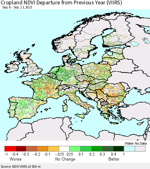 Europe Cropland NDVI Departure from Previous Year (VIIRS) Thematic Map For 9/6/2023 - 9/13/2023