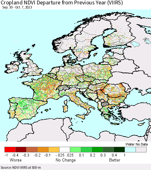 Europe Cropland NDVI Departure from Previous Year (VIIRS) Thematic Map For 9/30/2023 - 10/7/2023