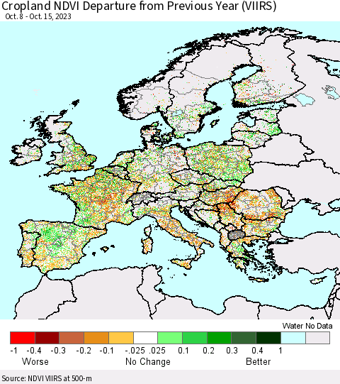 Europe Cropland NDVI Departure from Previous Year (VIIRS) Thematic Map For 10/8/2023 - 10/15/2023