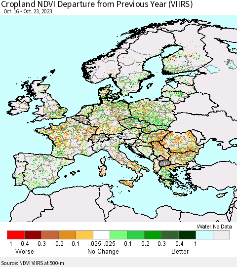Europe Cropland NDVI Departure from Previous Year (VIIRS) Thematic Map For 10/16/2023 - 10/23/2023