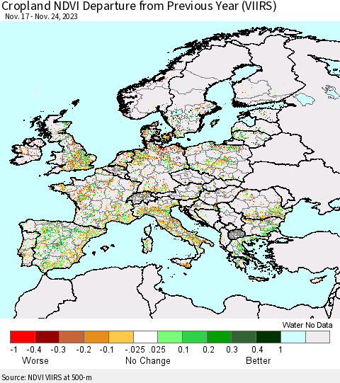 Europe Cropland NDVI Departure from Previous Year (VIIRS) Thematic Map For 11/17/2023 - 11/24/2023