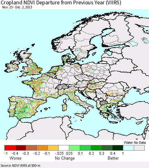Europe Cropland NDVI Departure from Previous Year (VIIRS) Thematic Map For 11/25/2023 - 12/2/2023