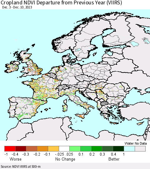 Europe Cropland NDVI Departure from Previous Year (VIIRS) Thematic Map For 12/3/2023 - 12/10/2023