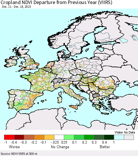 Europe Cropland NDVI Departure from Previous Year (VIIRS) Thematic Map For 12/11/2023 - 12/18/2023