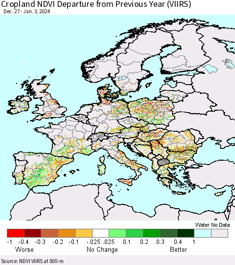 Europe Cropland NDVI Departure from Previous Year (VIIRS) Thematic Map For 12/27/2023 - 1/3/2024