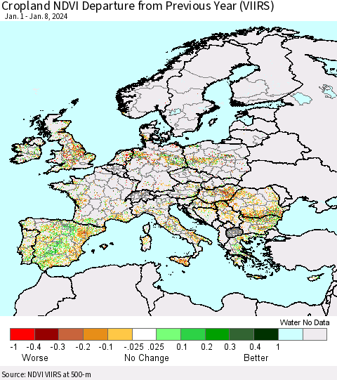 Europe Cropland NDVI Departure from Previous Year (VIIRS) Thematic Map For 1/1/2024 - 1/8/2024