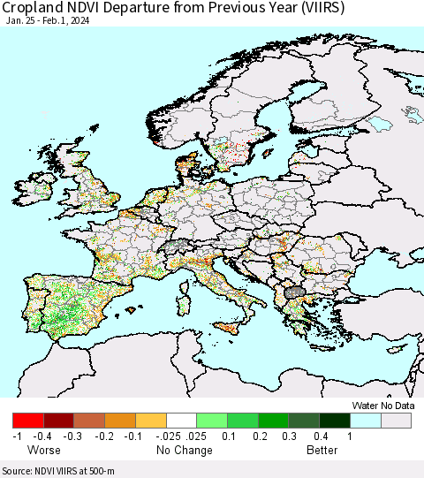 Europe Cropland NDVI Departure from Previous Year (VIIRS) Thematic Map For 1/25/2024 - 2/1/2024