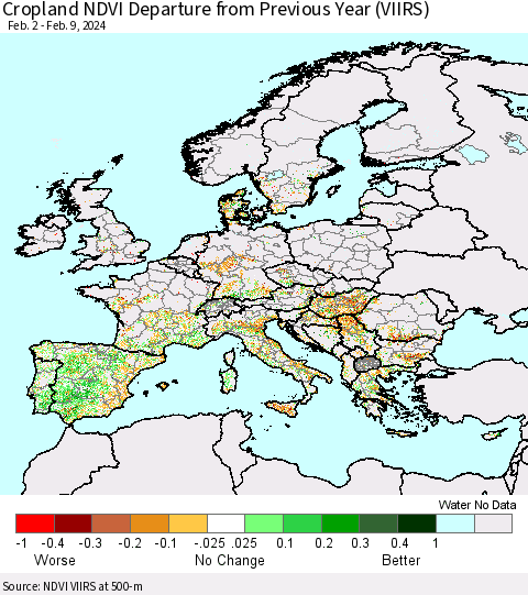 Europe Cropland NDVI Departure from Previous Year (VIIRS) Thematic Map For 2/2/2024 - 2/9/2024