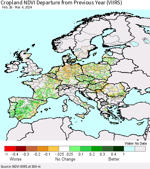 Europe Cropland NDVI Departure from Previous Year (VIIRS) Thematic Map For 2/26/2024 - 3/4/2024