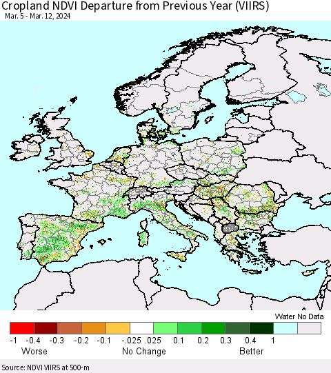 Europe Cropland NDVI Departure from Previous Year (VIIRS) Thematic Map For 3/5/2024 - 3/12/2024
