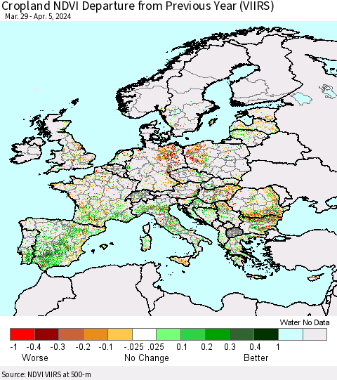 Europe Cropland NDVI Departure from Previous Year (VIIRS) Thematic Map For 3/29/2024 - 4/5/2024