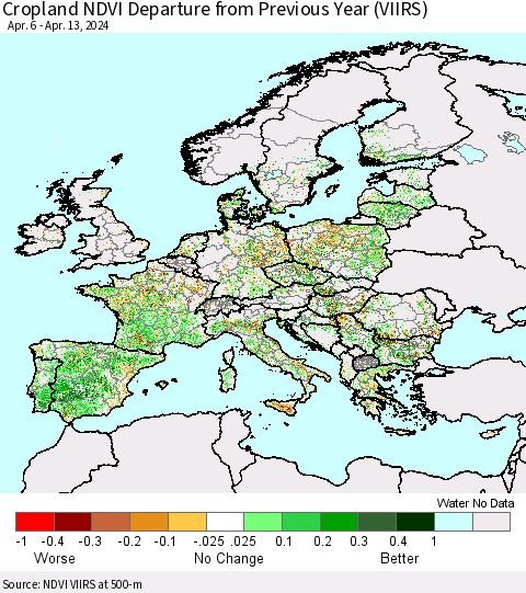 Europe Cropland NDVI Departure from Previous Year (VIIRS) Thematic Map For 4/6/2024 - 4/13/2024