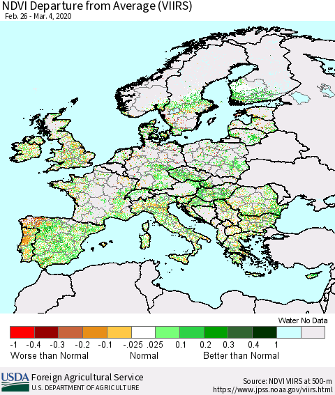 Europe NDVI Departure from Average (VIIRS) Thematic Map For 3/1/2020 - 3/10/2020