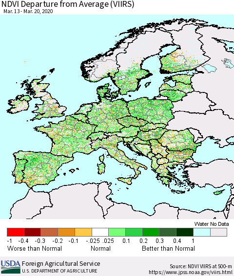 Europe NDVI Departure from Average (VIIRS) Thematic Map For 3/11/2020 - 3/20/2020