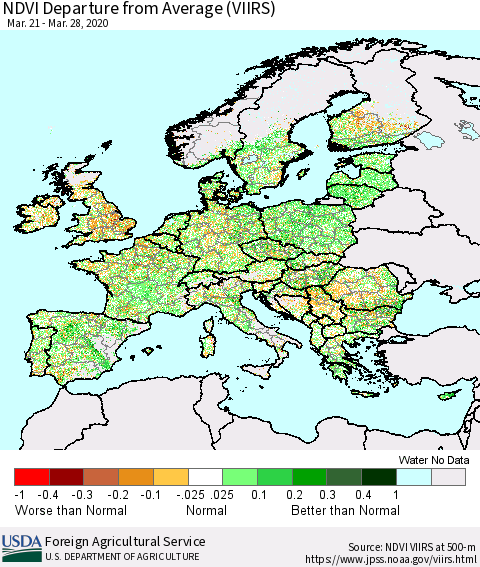 Europe NDVI Departure from Average (VIIRS) Thematic Map For 3/21/2020 - 3/31/2020