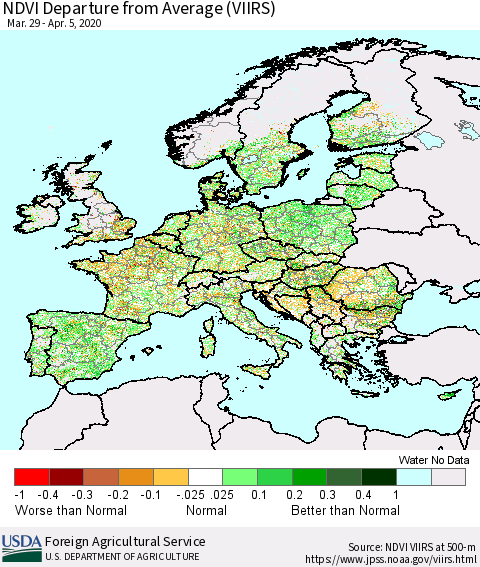 Europe NDVI Departure from Average (VIIRS) Thematic Map For 4/1/2020 - 4/10/2020