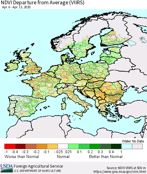 Europe NDVI Departure from Average (VIIRS) Thematic Map For 4/11/2020 - 4/20/2020