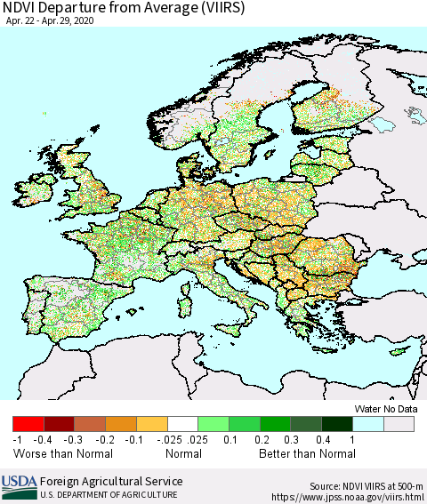 Europe NDVI Departure from Average (VIIRS) Thematic Map For 4/21/2020 - 4/30/2020