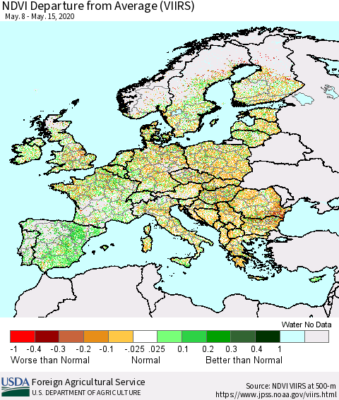 Europe NDVI Departure from Average (VIIRS) Thematic Map For 5/11/2020 - 5/20/2020