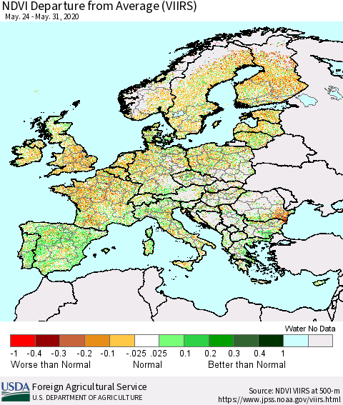 Europe NDVI Departure from Average (VIIRS) Thematic Map For 5/21/2020 - 5/31/2020
