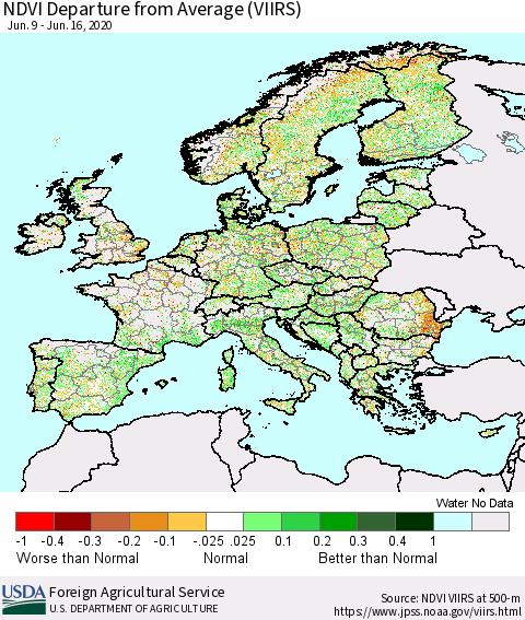 Europe NDVI Departure from Average (VIIRS) Thematic Map For 6/11/2020 - 6/20/2020