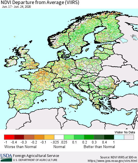 Europe NDVI Departure from Average (VIIRS) Thematic Map For 6/21/2020 - 6/30/2020