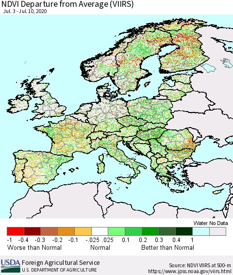 Europe NDVI Departure from Average (VIIRS) Thematic Map For 7/1/2020 - 7/10/2020