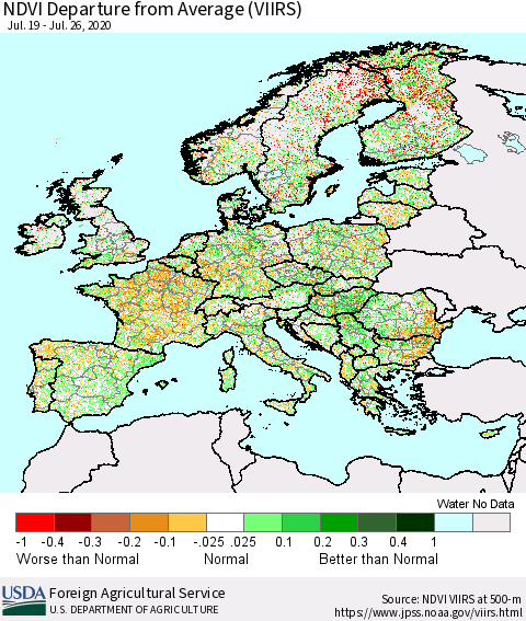 Europe NDVI Departure from Average (VIIRS) Thematic Map For 7/21/2020 - 7/31/2020