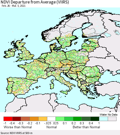 Europe NDVI Departure from Average (VIIRS) Thematic Map For 2/26/2021 - 3/5/2021