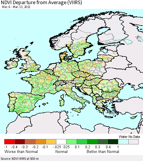 Europe NDVI Departure from Average (VIIRS) Thematic Map For 3/6/2021 - 3/13/2021
