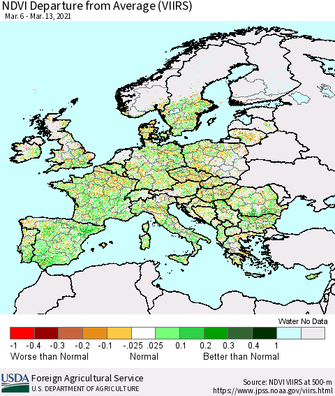 Europe NDVI Departure from Average (VIIRS) Thematic Map For 3/11/2021 - 3/20/2021