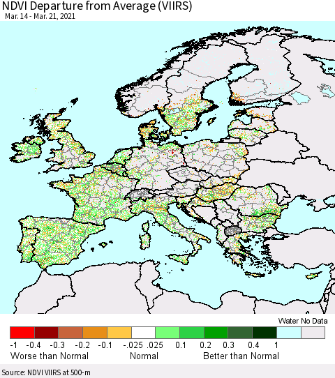 Europe NDVI Departure from Average (VIIRS) Thematic Map For 3/14/2021 - 3/21/2021