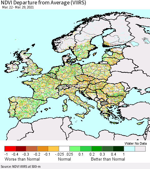 Europe NDVI Departure from Average (VIIRS) Thematic Map For 3/22/2021 - 3/29/2021
