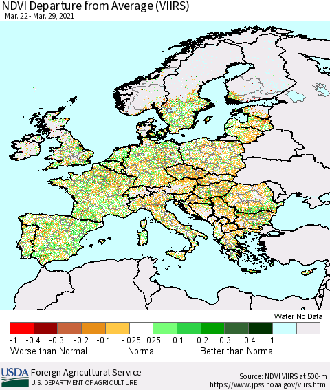 Europe NDVI Departure from Average (VIIRS) Thematic Map For 3/21/2021 - 3/31/2021