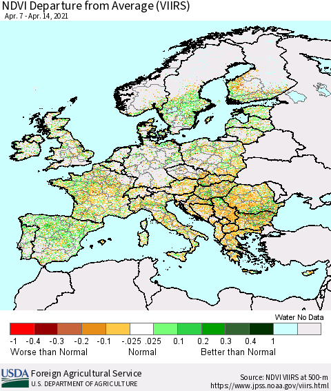 Europe NDVI Departure from Average (VIIRS) Thematic Map For 4/11/2021 - 4/20/2021