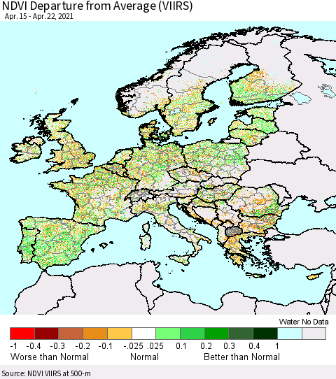 Europe NDVI Departure from Average (VIIRS) Thematic Map For 4/15/2021 - 4/22/2021