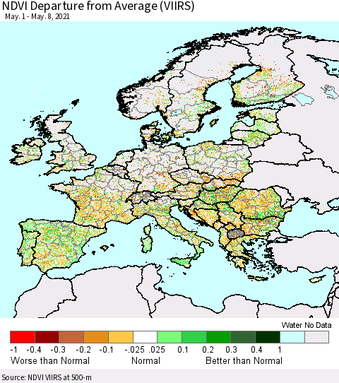 Europe NDVI Departure from Average (VIIRS) Thematic Map For 5/1/2021 - 5/8/2021