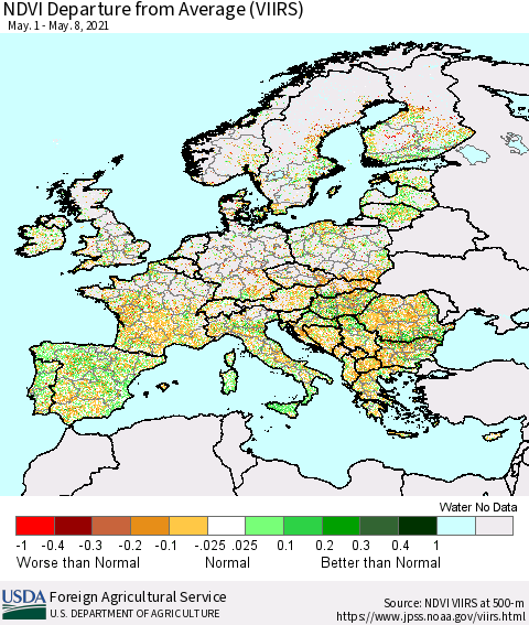 Europe NDVI Departure from Average (VIIRS) Thematic Map For 5/1/2021 - 5/10/2021