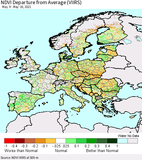 Europe NDVI Departure from Average (VIIRS) Thematic Map For 5/9/2021 - 5/16/2021