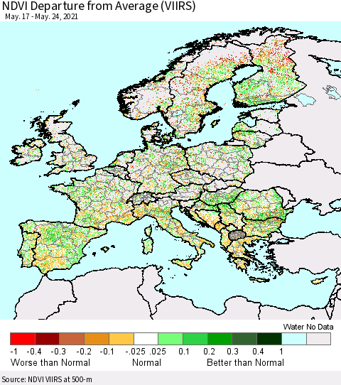 Europe NDVI Departure from Average (VIIRS) Thematic Map For 5/17/2021 - 5/24/2021