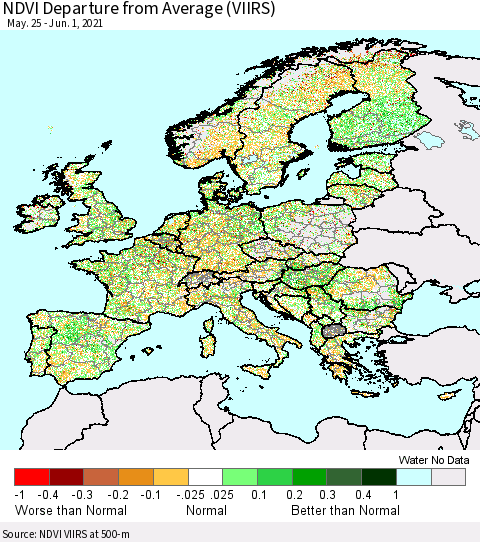 Europe NDVI Departure from Average (VIIRS) Thematic Map For 5/25/2021 - 6/1/2021